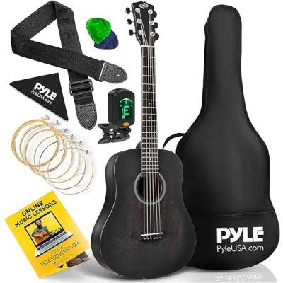 Image of Pyle Beginner Acoustic Guitar Starter Pack 34â ½ Junior Size 6 Linden Wood Instrument w/Accessories Set, Case, Bag, Steel Strings, Nylon Strap, Tuner, Picks, Right, Black (PGA820BK)