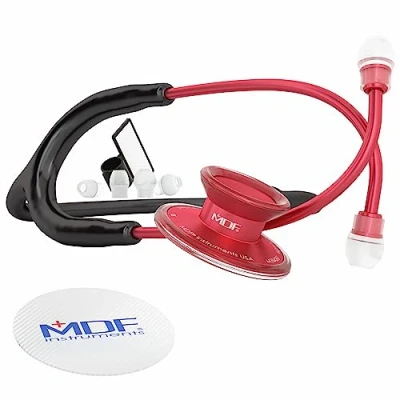 Image of MDF Acoustica Lightweight Stethoscope for Doctors, Nurses, Students, Home Health Use, Adult, Dual Head, Black Tube, Red Chestpiece Headset, MDF747XPR11