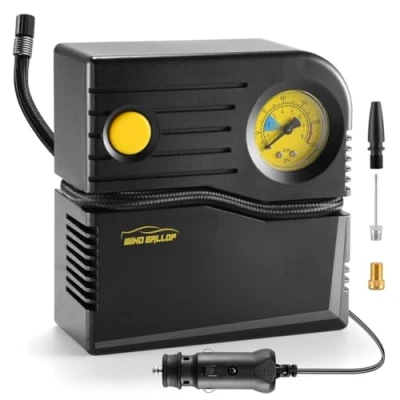 Image of WindGallop Car Tyre Inflator Air Compressor Pump 12v Electric Pumps for Cars with Pressure Gauge and Small Tyres Valve Adaptors (Yellow)