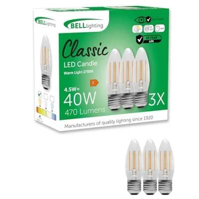 Image of Bell Lighting E27 Edison Screw Filament Dimmable Light Bulb LED Candle 3 Pack Warm White 2700K 470 Lumen 4.5W Energy Saving 40W Halogen Lamp Equivalent
