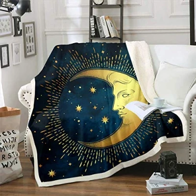 Image of Loussiesd Sun and Moon Sherpa Blanket Boho Exotic for Sofa Couch Bed Bohemian Style Fleece Throw Soft Galaxy Star Warm Flannel Room Decor Plush Fuzzy Single 50&quot;x60&quot;