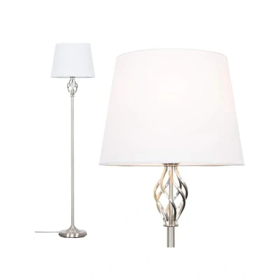 Image of MiniSun Traditional Style Satin Nickel Barley Twist Floor Lamp with a White Tapered Light Shade