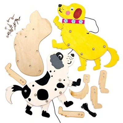 Image of Baker Ross AT817 Dog Wooden Puppet Kits Pack of 4, For Kids Arts and Crafts Projects
