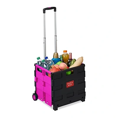 Image of Relaxdays Folding Shopping Trolley, Telescopic Handle, 2 Rubber Wheels, Transport Cart, Aluminium, Pink