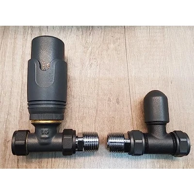 Image of Team Controls Anthracite Grey Straight TRV Thermostatic Radiator Valve &amp; Lockshield 15mm Pack Set Pair