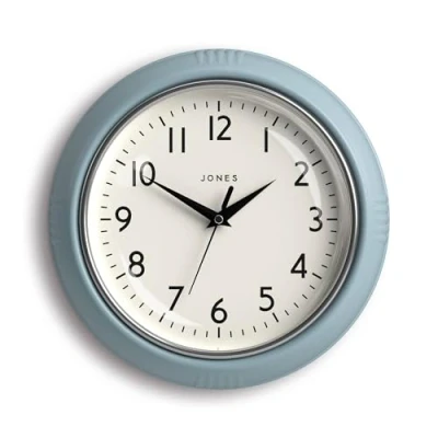 Image of Jones Clocks® Ketchup wall clock Retro round 25cm Pale blue Easy to read numbers Perfect kitchen or office