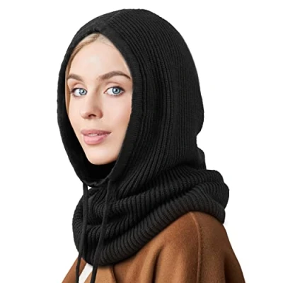 Image of DRESHOW Winter Hats for Women Balaclava Knit Beanie Skull Cap with Drawstring Warm Hooded Scarf Hat