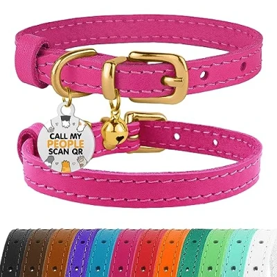 Image of BRONZEDOG Leather Cat Collar with Bells Non Breakaway Kitten QR Tag for Girl Boy (23 28 cm, Pink &amp; Gold)