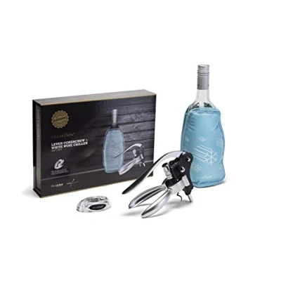 Image of CellarDine FBCLC06 Flexicles Bottle Chiller and Lever Action Corkscrew, Stainless Steel, Blue