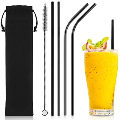 Image of iShop Reusable Metal Drinking Straws Set of 4 Black Premium Stainless Steel with Cleaning Brush Eco Friendly FDA BPA Free Velvet Travel Pouch Ideal for and Home Use