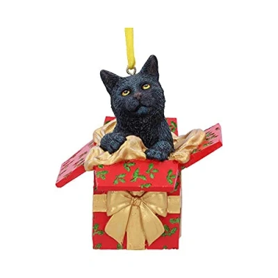Image of Nemesis Now Lisa Parker Present Black Cat Hanging Ornament 9cm, Resin, in Festive Decoration, Christmas Cast the Finest Expertly Hand Painted