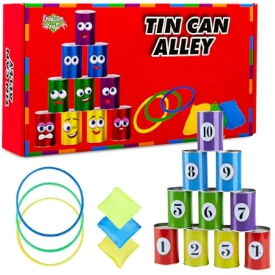 Image of KreativeKraft Kids Games Outdoor Play Equipment for Adults Family Garden Toys Sports Day Kit Egg and Spoon Race Ring Toss Sack Bean Bag Snakes Ladders (Tin Can Alley)