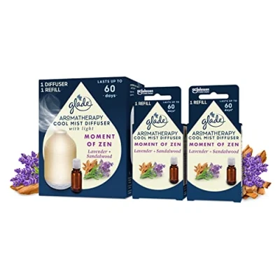 Image of Glade Aromatherapy Cool Mist Diffuser Gift Set, Home Décor Essential Oils Calming Fragrance, Moment of Zen with Lavender &amp; Sandalwood, 1 Holder + 3 Refills