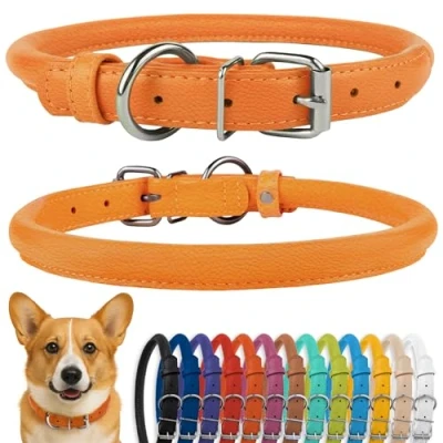 Image of CollarDirect Rolled Leather Dog Collar, Soft Padded Round Puppy Handmade Genuine Collar Small Large Cat Collars Black Pink Red Purple Blue (Fits 15&quot; 18&quot; Neck, Orange)