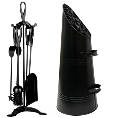 Image of Trendi Black Waterloo Bucket Coal Log Fire Ash Scuttle Hod Fireside + Shovel with 5 Piece Cast Iron Loop Design Companion Set… (Companion Set HOD)
