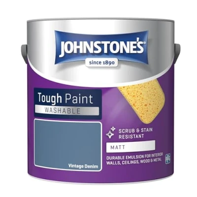 Image of Johnstone&#039;s Washable Paint ‎Vintage Denim Matt Finish Emulsion Highly Durable Stain Resistant Non Toxic &amp; Low Odour 12m2 Coverage per Litre 2.5L