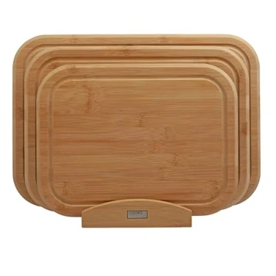 Image of Cooks Professional Index Chopping Board Set of 3 Bamboo Boards with Stand Wooden Cutting for Fruit &amp; Vegetables Cooked Food Bread Natural