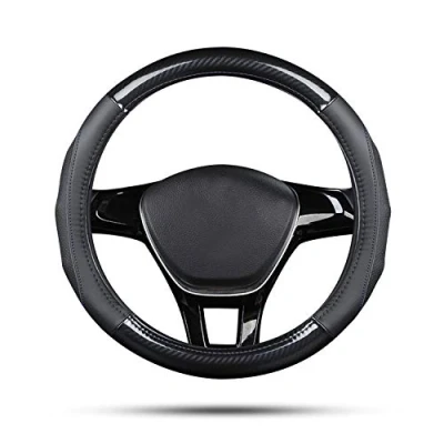 Image of Ergocar Sport Carbon Fiber &amp; First Layer Cowhide Car Steering Wheel Cover Non slip Protector Universal For Diameter 38cm(15&quot;) (Black)