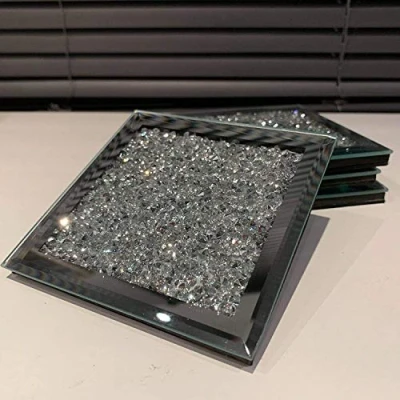 Image of Set of 8 Square Shape Sparkle Diamante Crushed Jewel Glass Glitter Coasters 10x10cm