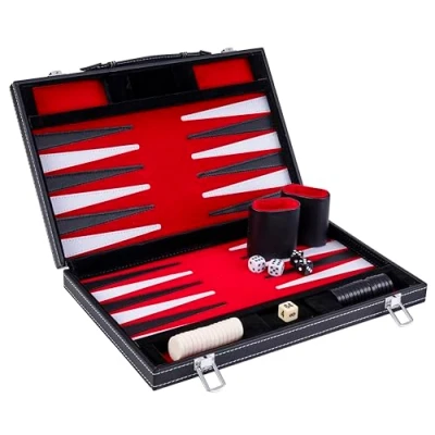 Image of Engelhart 250516 Backgammon 15&quot; Open: 36 x 48 cm inlaid velvet and stitching leatherette playing field in attache case