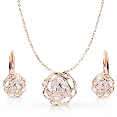 Image of Crystalline Azuria Women 18ct Rose Gold Plated White Crystal Roses Flowers Necklace and Earrings Set for Wedding Party Bridal Bridesmaid Accessories