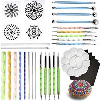 Image of THE TWIDDLERS 35 Piece Mandala Dotting Tools Stencil Kit, with Acrylic Paint Tray Rock Stone Painting Canvas &amp; Nail Arts Kids&#039; Mandalas