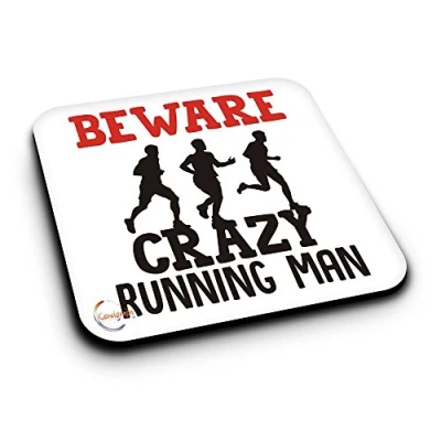 Image of ER424 Beware Crazy Running Man (B) Novelty Present Gift Printed MDF Wooden Coaster