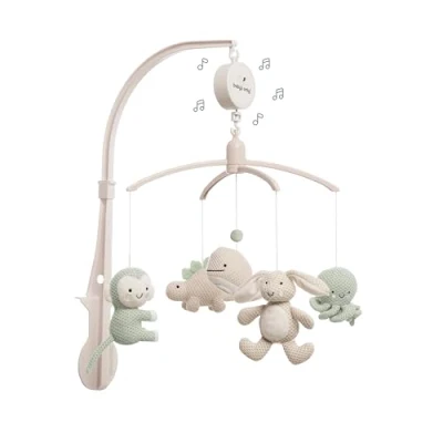 Image of Baby&#039;s Only Musical Mobile Baby Animals with Knitted Figures Music Box Easy to Attach for Boys and Girls Laurel Green/Warm Linen