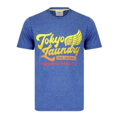 Image of Tokyo Laundry Men&#039;s &#039;Winger&#039; Vintage Retro Motif Jersey Grindle Crew Neck T Shirt Victoria Blue