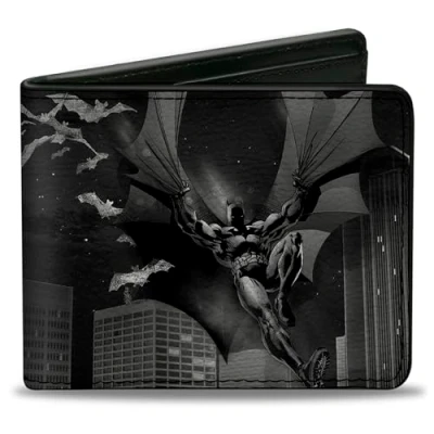 Image of Buckle down Bi Fold Wallet Pu Bifold Batman Beauty of Flight Action Pose/Bats/Skyline Black/Grays unisex adults