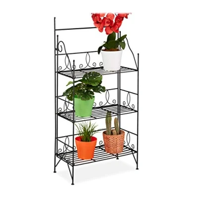 Image of Relaxdays Plant Stand, Flower Rack with 3 Shelves, Foldable, Indoor, Outdoor, H x W D: 100 50 25 cm, Metal, Black, Iron