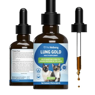 Image of Pet Wellbeing Lung Gold for Cats Immune Support, Lower Respiratory Health, Open Airways, Normal Breathing, Reishi, Coptis Veterinarian Formulated Herbal Supplement 2 oz (59 ml)