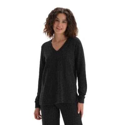 Image of Dagi Women&#039;s V Neck Long Sleeve Knitted Sweatshirt, Anthracite, S