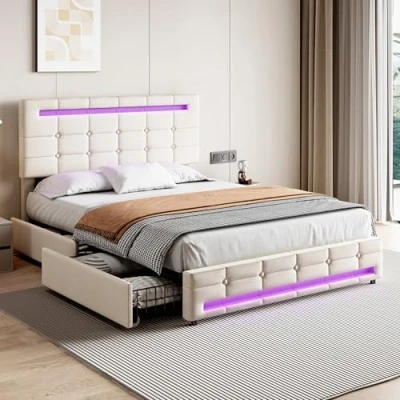Image of Merax Upholstered Double Bed, 4FT6 Bed Frame with Storage and LED Strips around 4 Drawers on Wheels, Adjustable Soft Button Tufted Headboard, No Mattress, Linen, Beige, 135x190cm