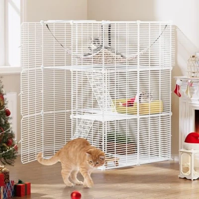 Image of YITAHOME Cat Cage Indoor Enclosures 3 Tiers DIY Playpen, with Metal Wire Dense, Kennel Extra Large Hammock for 1 2 Cats, Chinchilla, Rabbit, Small Animal, 72x72x104cm, White