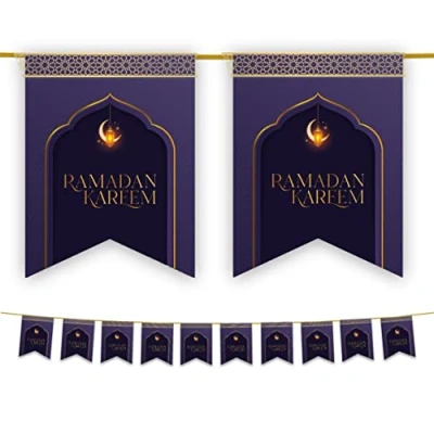 Image of Ramadan Mubarak Bunting Decorations (Purple &amp; Gold Design) Kareem Banner, Flags Hanging Decor for home Domes Lanterns Moon