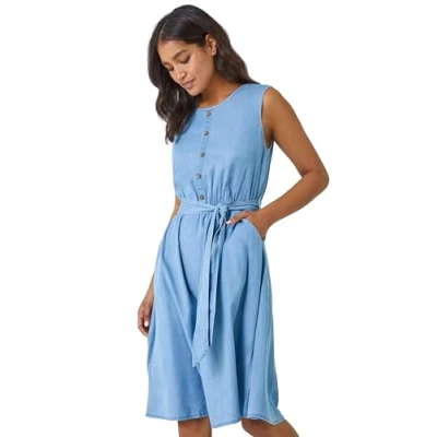 Image of Roman Originals Sleeveless Belted Cotton Dress for Women UK Ladies Everyday Holiday Spring Summer Round Neckline Comfy Soft Evening Vacation Work Party Light Denim Size 18