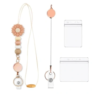 Image of Lanyard with Card Holder for Women,Cute Badge Reels Silicone Beads Lanyards,Retractable Set Transparent ID Holder,Badges Teachers Nurse Students