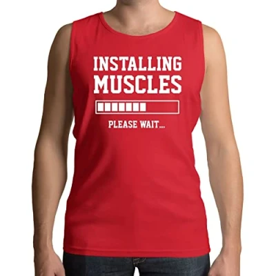 Image of Installing Muscles Please Wait Gym Slogan Funny Mens Vest Tank Top Red (XXL)