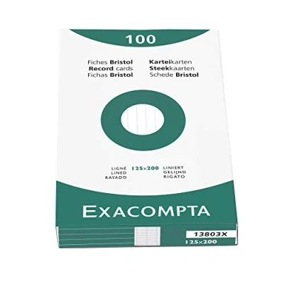 Image of Exacompta Ref 13803X Bristol Record Cards (Pack of 100) 125 x 200mm in Size, Lined Rulings, 205gsm Card, Laser &amp; Inkjet Printer Compatible White