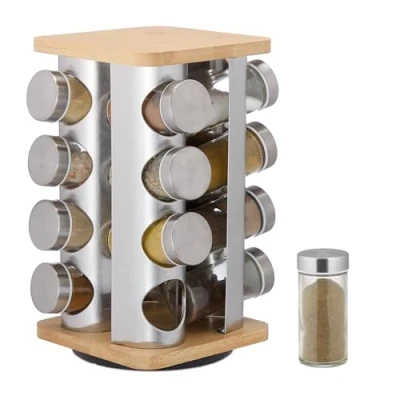Image of Relaxdays Spice Carousel, 16 Jars, 360 Rotating, Stainless Steel, Bamboo, Glass, HxWxD: 28 x 20 cm, Silver/Natural