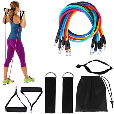 Image of D.I.L Exercise Resistance Bands Set, Up to 115 lbs Fitness Stretch Workout with 5 Tubes, 4 Foam Handles, Ankle Straps, Door Anchor for Men Women, Home Gym Fitness, Physical Therapy