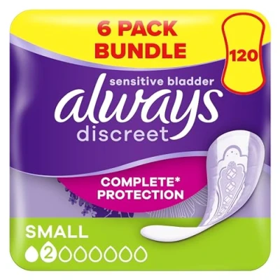 Image of Always Discreet Incontinence Pads Women, Small, 120 Moderate Absorbency (20 x 6 Packs), Odour Neutraliser, and Flexible, for Sensitive Bladder
