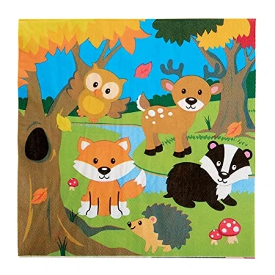 Image of Baker Ross FX160 Woodland Animals Party Napkins Pack of 20, Disposable Paper Napkins, Kids Table Decoration, Birthday Supplies,