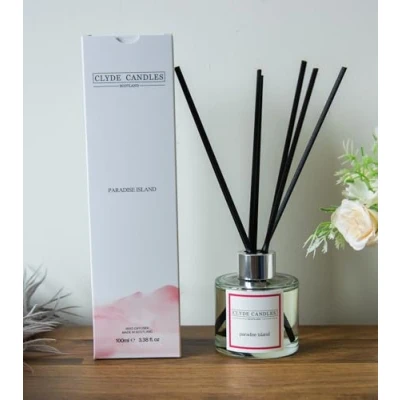 Image of Paradise Island Reed Diffuser Clyde Candles, Oil with a set of 7 Fibre Sticks, 100ml, Best Aroma Scent for Home, Kitchen, Living Room, Bathroom. Fragrance Diffusers sticks