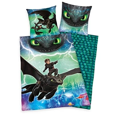 Image of Herding DREAMWORKS DRAGONS Bedding Set, Reversible Motif, Duvet Cover 135 x 200 cm, Pillow Case 80 Cotton/Renforcé