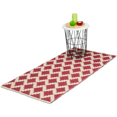 Image of Relaxdays Cotton Runner Rug, 70 X 140 cm, Non Slip, Hand Woven, Diamond Pattern, Decorative Carpet for Any Room, Red