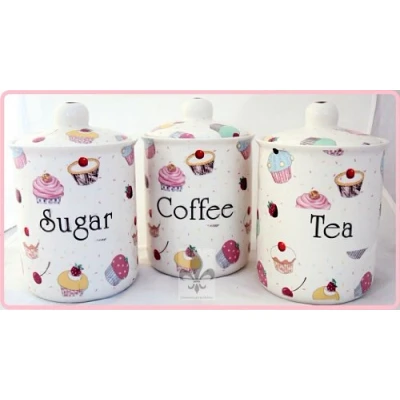 Image of Fairy Cupcakes Tea Coffee Sugar Canisters Fine Bone China Storage Jars Hand Decorated in The U.K. Free Delivery