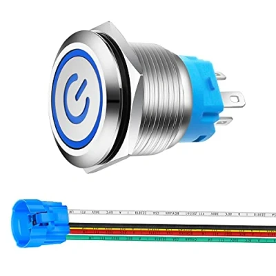 Image of Gebildet 0.87&#039;&#039;/22mm Stainless Steel Latching Push Button Switch 12V 24V 5A Power Symbol LED 1NO1NC SPDT ON Off Waterproof Toggle with Wire Socket Plug (Blue LED)