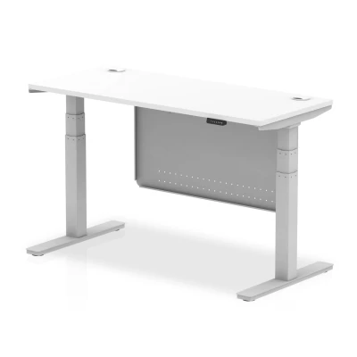 Image of Air 1400x600 Height Adjustable Desk White CP Silver Leg Modesty Panel